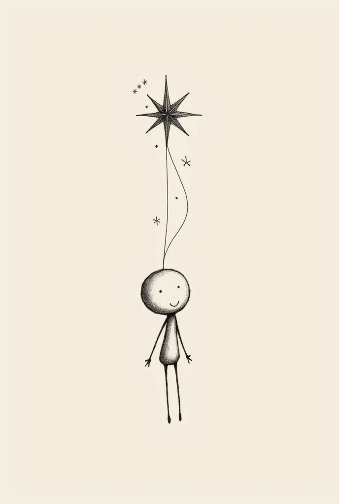  I need you to give me a sketch of a tattoo of: a little stick doll ,  that has a star attached to it by a thread 