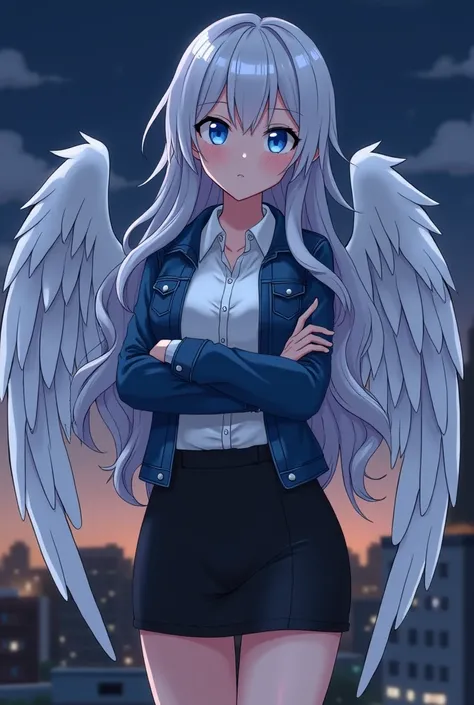  Screenshot of my hero Academia.
 a girl with long wavy silver hair with bangs . with slanted blue eyes . with white wings . wearing
a white shirt and a tight black skirt and a denim jacket.standing on a rooftop at night .pretty and attractive.good body . ...