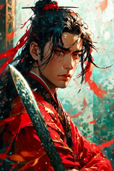  martial arts style , Orientalism,  Munpas entrance background , Unraveled long black hair, Pretty beautiful man ,  dark eyed, 짙은 남색  martial arts style 의 무복,  wearing Chinese long ginseng ,  with a sword drawn , Expressionless, bust, High quality webtoons...