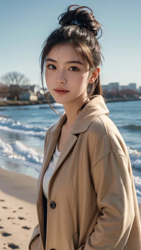 Winter Clothing,Long Coat,outdoors,Body in front,Body is facing forward,Close up face,masutepiece,The highest image quality, High quality, the background is clear,Beautiful woman, Japanese, Detailed, Ultra-detailed, finely detail, hight resolution, 8K Wall...