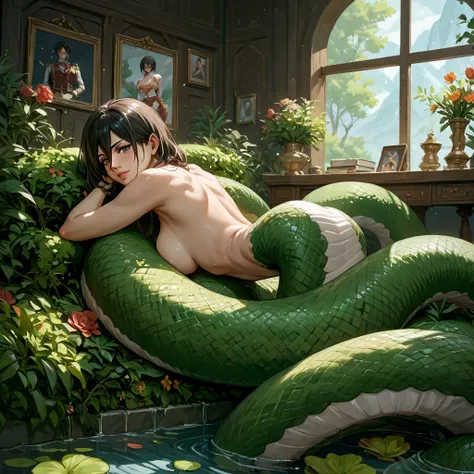 (( top quality )), ((masterpiece)), ( Details), （ perfect face）、 The naked Lamia woman is Lamias long-haired Mikasa Ackerman、Lamias Mikasa Ackerman is in Lamias nest 