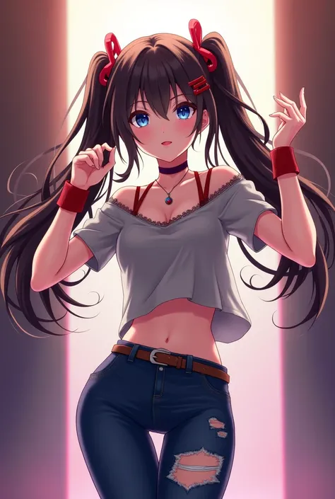 (Masterpiece, Anime Style, Best quality) 2D illustration, professional work, trending on pixiv, Japanese Idol anime, Perfect fingers, perfect arms. posing sensually. hot girl. hatsune miku hair, dancing. alone on a bright stage. full body. dark brown hair....