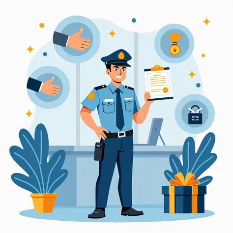 An inspiring and professional illustration for the topic Özel Güvenlik Görevlileri için İş Bulma Rehberi: Teşekkür ve Katkılar (Job Finding Guide for Private Security Personnel: Thanks and Contributions). The image shows a security officer in uniform, stan...