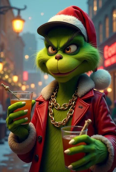  believe me the Christmas Grinch, with a cap on the side ,  gold chains, A drink and a joint 