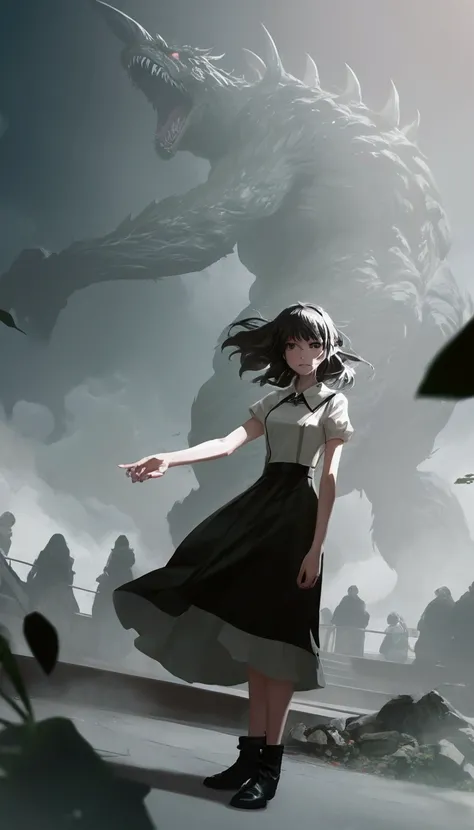 anime girl in a dress standing in front of a giant monster, anime epic artwork, anime art wallpaper 8 k, artwork in the style of guweiz, epic anime style, anime art wallpaper 4 k, anime art wallpaper 4k, 4k anime wallpaper, anime styled digital art, guweiz...