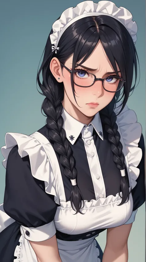 Serious and diligent young girl with glasses,neat long black hair, tidy twin braids, slightly nervous expression, pure and sincere gaze, simple but clean clothing, maid outfit or modest uniform style, serious and reserved posture, a sense of coming from a ...