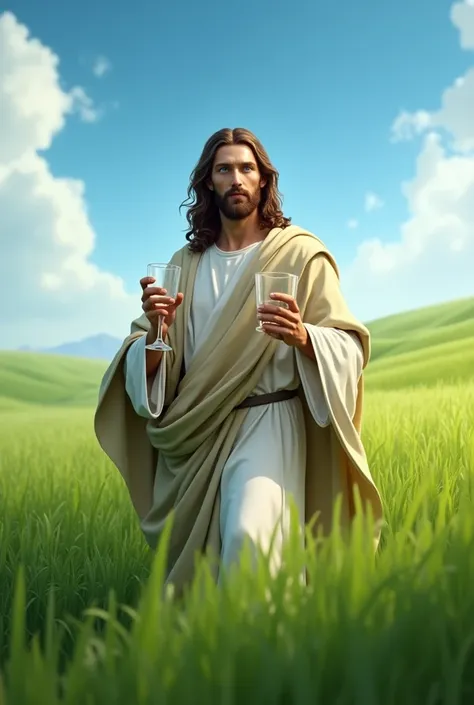 blue-eyed Jesus, in a green field, holding a glass of wine, realistic image, ultra realistic in 8k