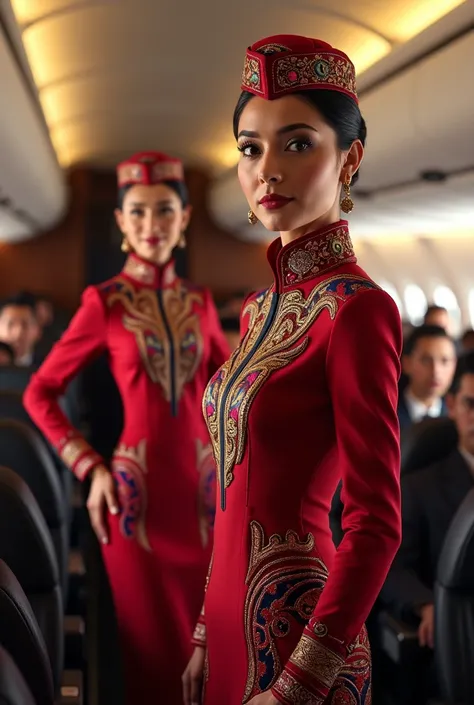 flight attendants wearing Peruvian airline uniform with native Peruvian artisanal fabric with sophisticated style