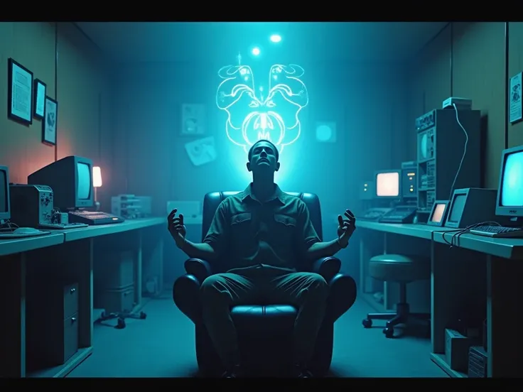 "Cinematic shot of a classified CIA laboratory, 1983, retrofuturistic equipment, dimly lit interior with blue light emanating from experimental devices. A soldier in meditation position wearing vintage EEG electrodes, floating slightly above a specialized ...