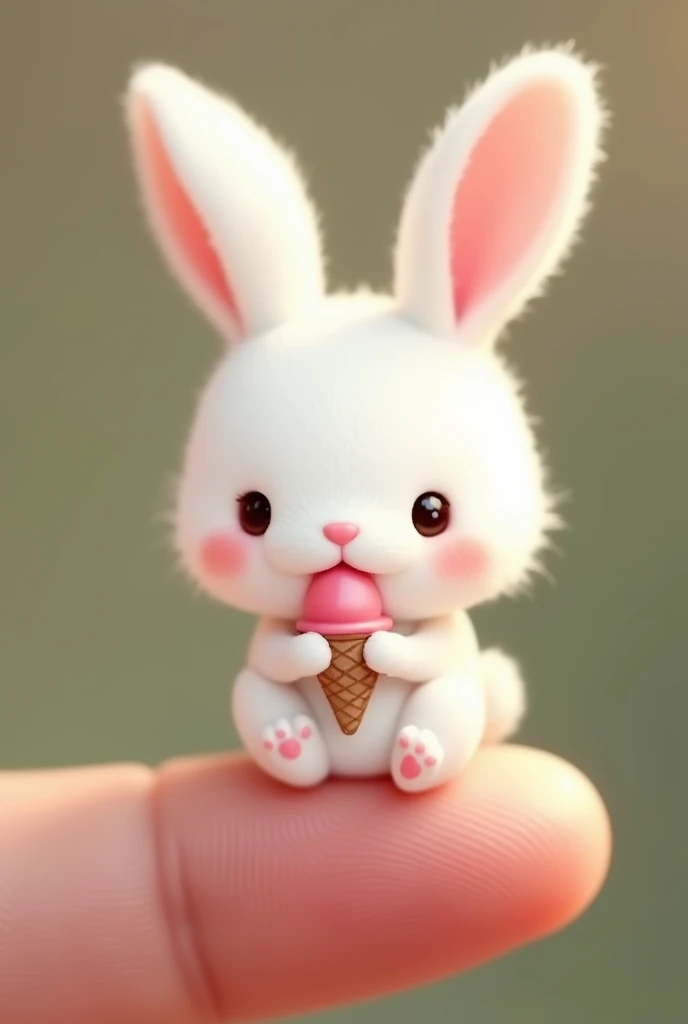 There is a little bunny on the finger ， Little Minzis body is the size of a nail cover ，White furry， It holds a small object similar to ice cream in its mouth。Natural background blurry ， to highlight the cute image of Little Minzi 。 a clear cute image of a...