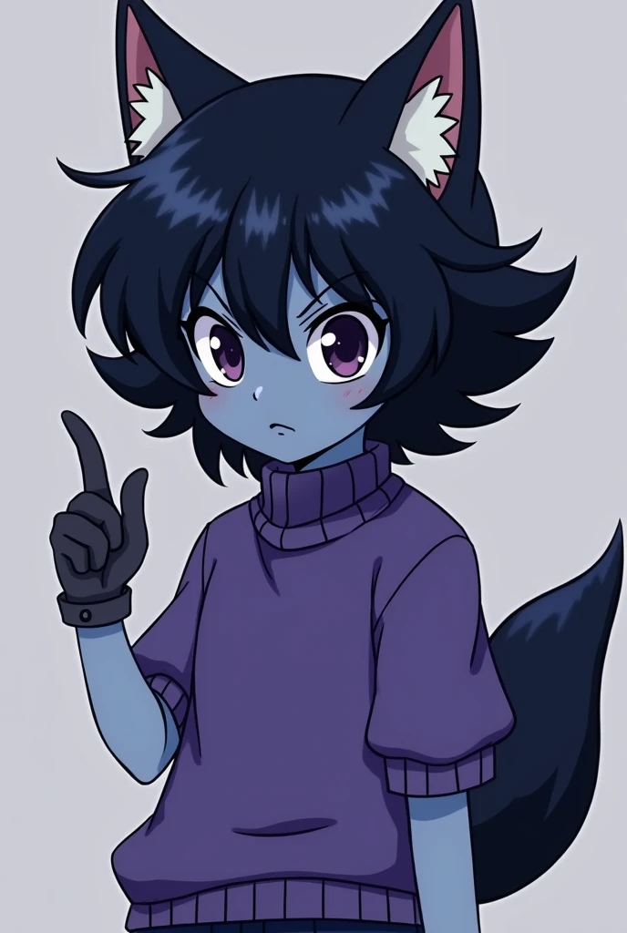 A retro 90 style anime character, dark blue skin, dark blue hair, a purple sweater with short sleeves, gloves and even a jet, some shoes, kawaii aesthetics and serious, he has a wolfs ear and tail and the rude one.