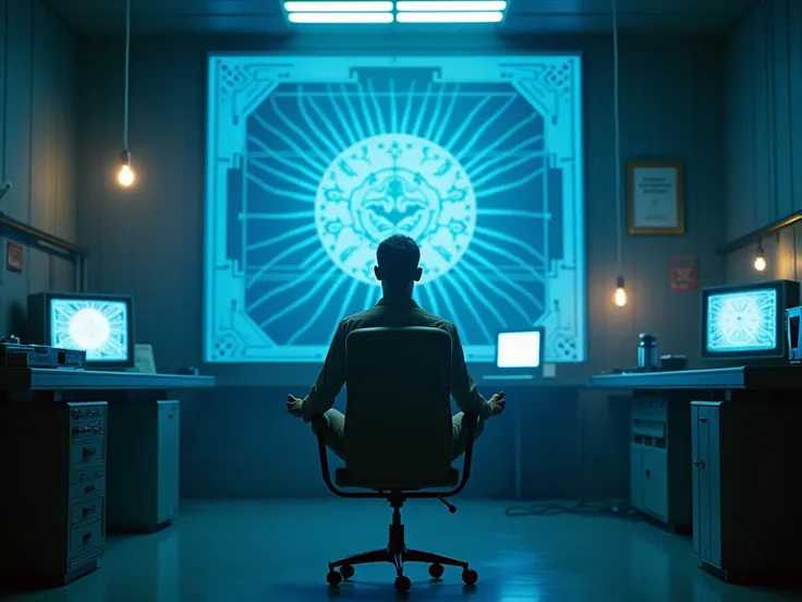 "Cinematic shot of a classified CIA laboratory, 1983, retrofuturistic equipment, dimly lit interior with blue light emanating from experimental devices. A soldier in meditation position wearing vintage EEG electrodes, floating slightly above a specialized ...