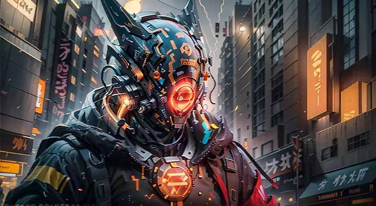 Original, masterpiece, top quality, cyborg boy in a orange circle illuminates a closef cyber helmet with black and grey ears, orange jacket, sunny day, in modern orange neon lights details tokyo street.