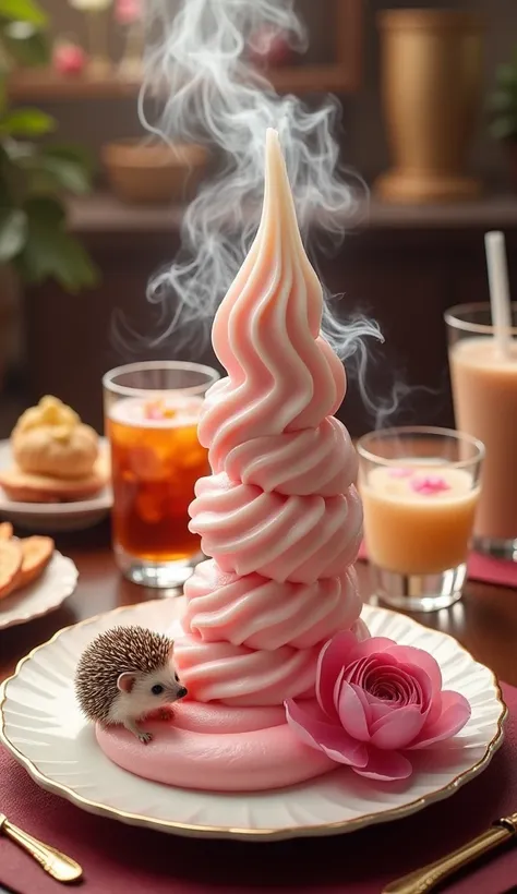  Is it possible to create a delicious ice cream effect with a waterfall of flowing  ，Tasty ice cream effect in the shape of a waterfall of cigarette smoke and a small hedgehog，A beautiful peony flower is placed on the top of the ice cream ， on an upscale d...