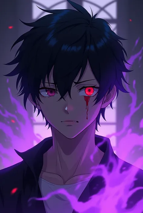 Create the image of Subaru Natsuki with a purple aura surrounding him and him with his left eye red and bleeding 