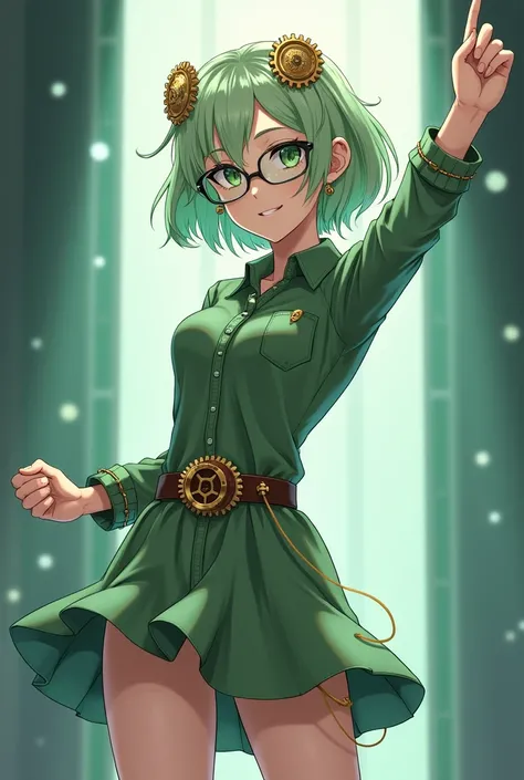 (Masterpiece, Anime Style, Best quality) 2D illustration, professional work, trending on pixiv, Japanese Idol anime, Perfect fingers, perfect arms. posing sensually. hot girl. dancing. alone on a bright stage. full body. steampunk short dress. gear-shaped ...