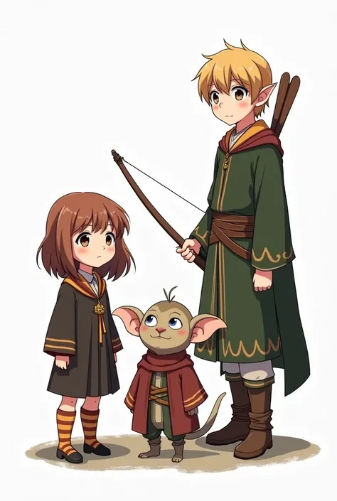 Hermione, Legolas, and Dobby as Anime characters. Wearing each of their own traditional character outfits. All white background.
