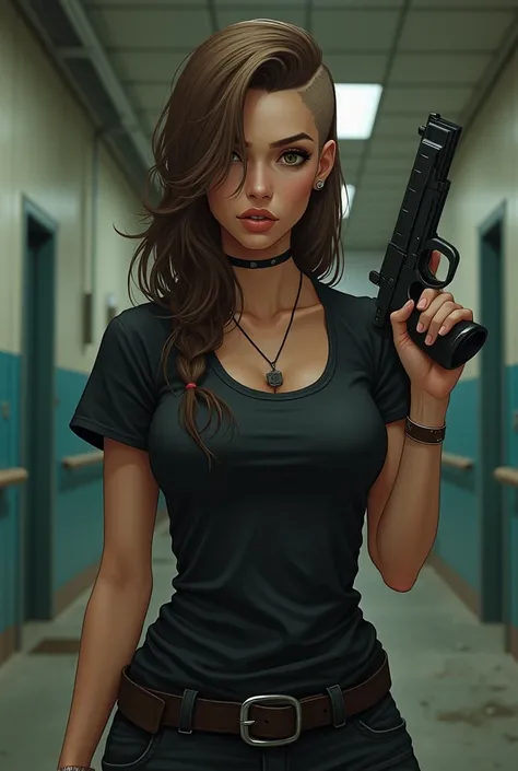  Create an RPG character .  a tall woman,  tongue  , light skinned , long brown hair with one side of the head shaved.  She wears a black t-shirt ,  dog tag style necklace  ,  she is in an abandoned police station . Hold a magnum  . 44 in one hand .  She h...