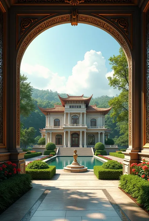 A grand mansion mixed with European and Asian palace with lake forest garden pond greenary large gate design 