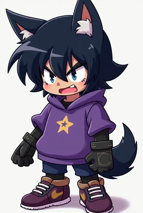 A retro 90 style anime character, the black skin, dark blue hair, a purple sweater with short sleeves, gloves and even a jet, some shoes, kawaii aesthetics and serious, he has a wolfs ear and tail and a full body rude, full body with his legs that he is an...