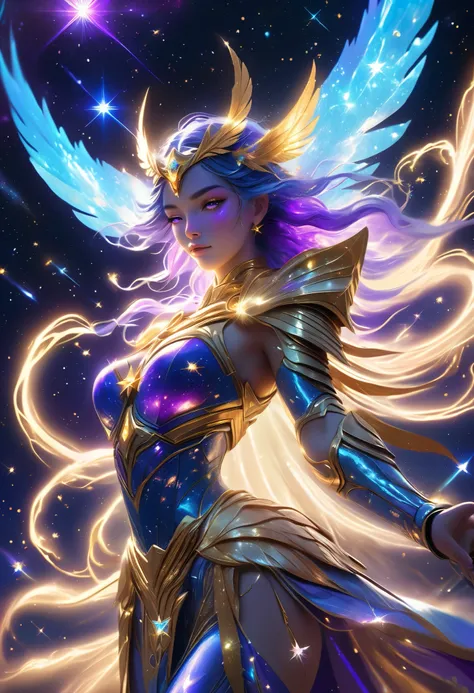 A stunning depiction of a cosmic Valkyrie floating in a vibrant celestial battlefield. Her glowing wings shimmer with ethereal blue and purple energy, and her spear crackles with star-like light. She wears a mix of ornate golden armor and flowing cosmic fa...