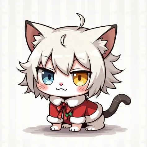 Anime,cartoon, animal cat 1,British Cat Shot Hair Monochrome Pattern ,Male, Two Eyes Left Yellow Right Blue, Christmas Wear ,Mumbling Body ,Serious face , little ,Chibi drawing