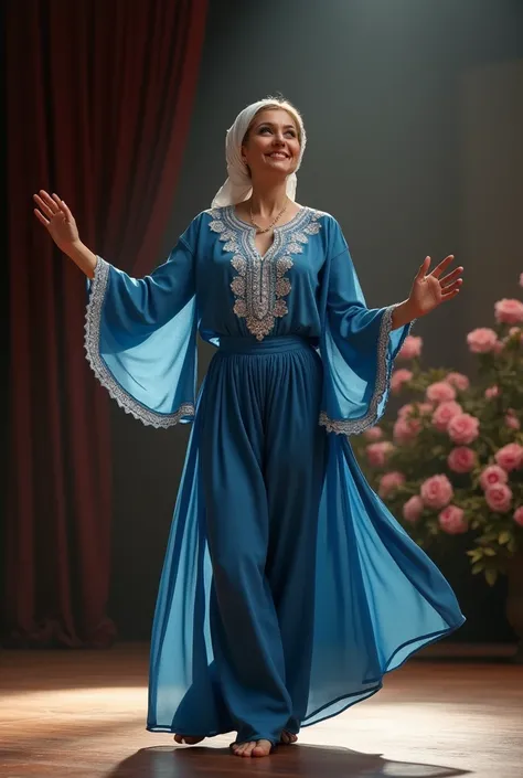 Imagine a photo-realistic 50mm lens image of a middle-aged Muslim dancer, with a slight smile, wearing loose blue trousers and a long-sleeved blue blouse with white details. feet. She is on a stage where there is a backdrop with flowers and soft lighting