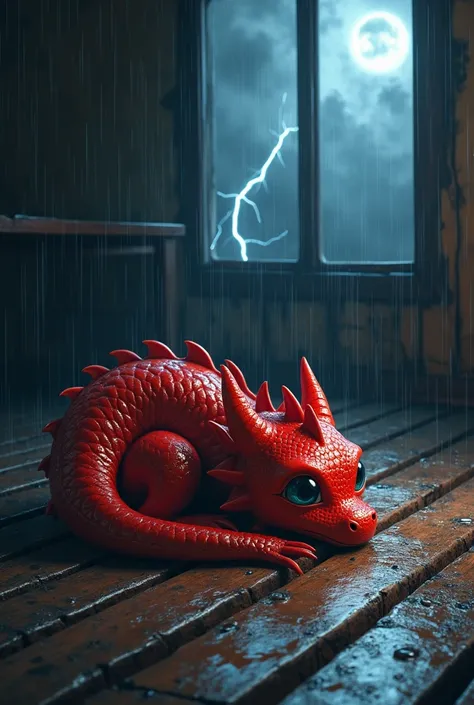 Realistic anime style Baby red dragon on the scared rolled floor, While its raining at night 