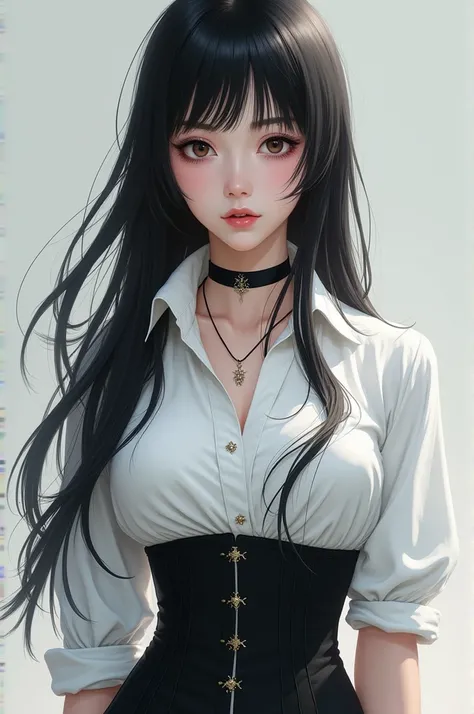 A pale 2D hunter girl , with a white shirt, corset,  with oriental features ,  long black hair and a black choker