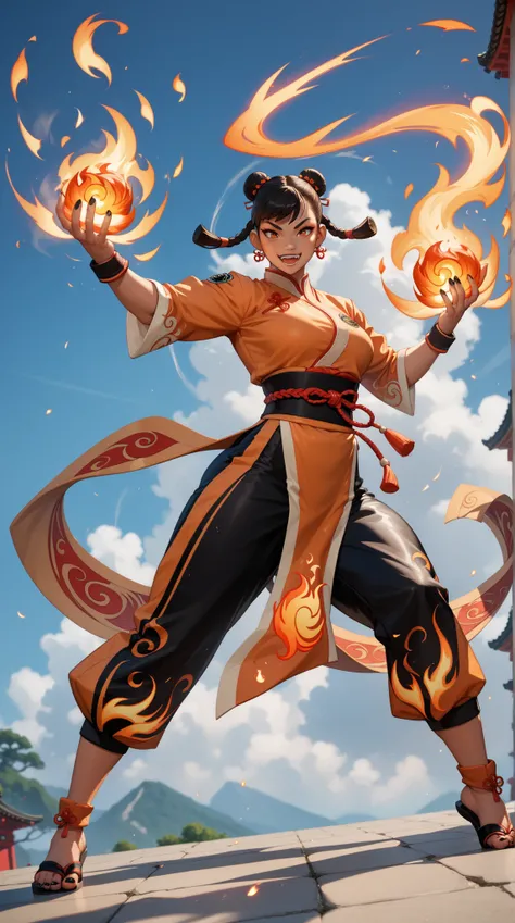   black nails  ，（  Dark black lines are clearly visible），（sunburned skin  ）、（ oily skin ）、（steam）， panoramic，full body shot，Little Dragon Girl，fitted sleeveless kung fu set， Combat Pose，Executing Small Fireball Magic，Execute Small Fireball Spell to attack ...