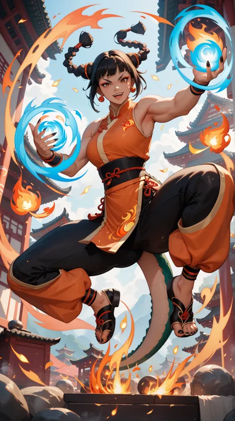   black nails  ，（  Dark black lines are clearly visible），（sunburned skin  ）、（ oily skin ）、（steam）， panoramic，full body shot，Little Dragon Girl，fitted sleeveless kung fu set， Combat Pose，Executing Small Fireball Magic，Execute Small Fireball Spell to attack ...