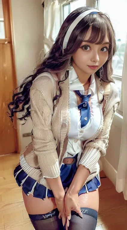 (nsfw)、  photorealistic perfect body 、 super high definition 、Ultra-realistic image quality、(Japanese gal high school girl:1.5)、( Japanese high school girl in uniform:1.8)、( Women have big breasts :1.8)、(High school uniform front open cardigan:1.8)、( Ultra...