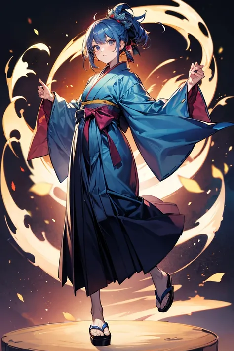  full body。Man with Blue Hair 。Man with big eyes。Hakama。kimono。Front of face。High resolution 。