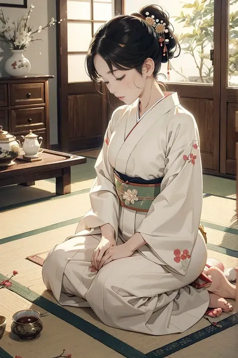 (((best quality))),(((ultra detailed))),(((masterpiece))),illustration, 1girl, elegant Japanese yukata, delicate figure, serene and gentle expression, slight melancholy in eyes, short ponytail, fair skin with natural luster, elaborate embroidery, vivid flo...