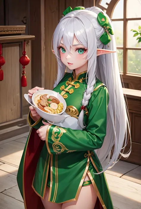 A teenage elf girl clad in a traditional Chinese dress.  She has long platinum hair, green eyes, with a tanned complexion.