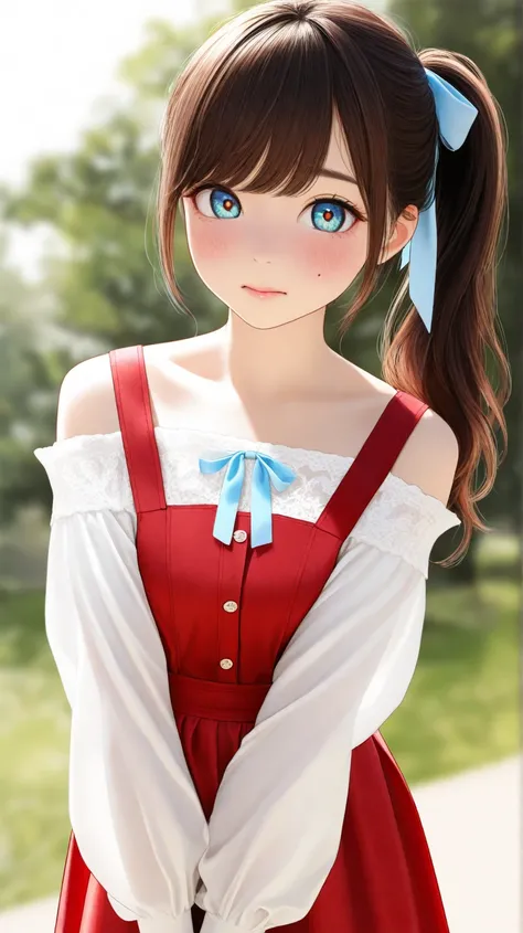 Create an ultra-realistic image of a young woman with long, dark brown hair styled in a ponytail secured by a light blue ribbon. She has expressive amber-colored eyes, slightly flushed cheeks, and a gentle, shy expression. She wears a white off-shoulder bl...