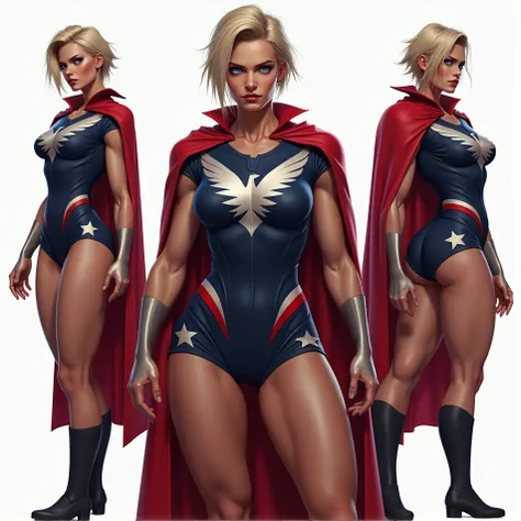 Evil superhero woman, muscular, muscular body, toned arms, thick defned muscular legs, big hips, slicked back short blonde hair, pale blue eyes, moody angry face, evil smirk, wears dark blue superhero leotard with red and white patterns and stars, white ea...