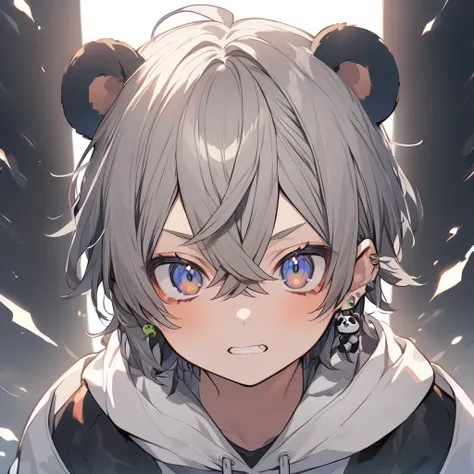  one boy 　cute solo ,  shortcuts, Gray Hair, Meguro、narrow-minded、 crossed bangs,  panda ear、 hoodie　Earrings
