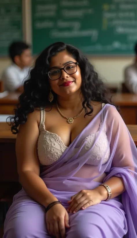 Front view,Full body image, indian hourglass body, Indian medium plus sized 29 year old Telugu cuvy teacher syamala, lovely face, suductive expression on face and lips, mouth slightly open, suductive look,  sitting on a wooden chair in class room, saree,na...