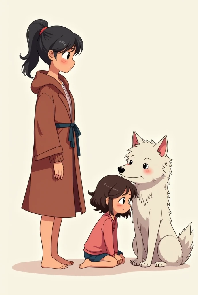 3 people. 1: Woman ONLY WEARING A ROBE, with black hair tied back . 2:  A  with dark brown hair and half curly,  with girls clothing . 3.  A medium white werewolf.sitting.  ALL STYLE cute and simple cartoon 