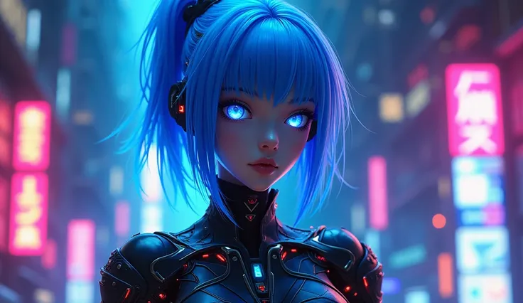 A robot girl with blue hair and eyes dark blue highlights＿neon blacklight 2d