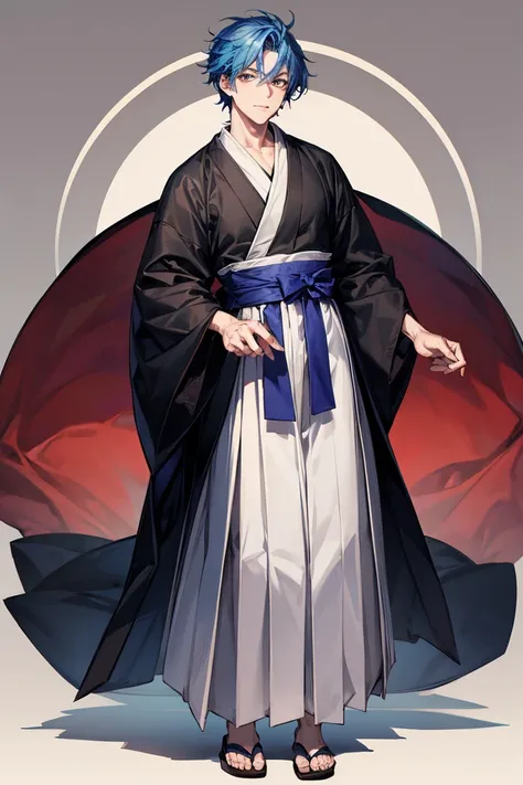  full body。Man with Blue Hair 。Man with big eyes。A man wearing a haori hakama。Front of face。High resolution 。