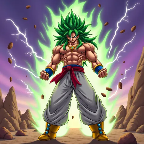 The character is a muscular man with long spiky green hair  . He is in a powerful pose,  with clenched fists and arms flexed ,  highlighting his muscles .  He wears gold earrings and a gold necklace with a blue stone in the center .  His clothing consists ...