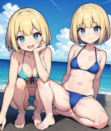 Chibi、cute blue eyed girl 、Blonde、 bob cut、 metallic blue bikini、 full body view