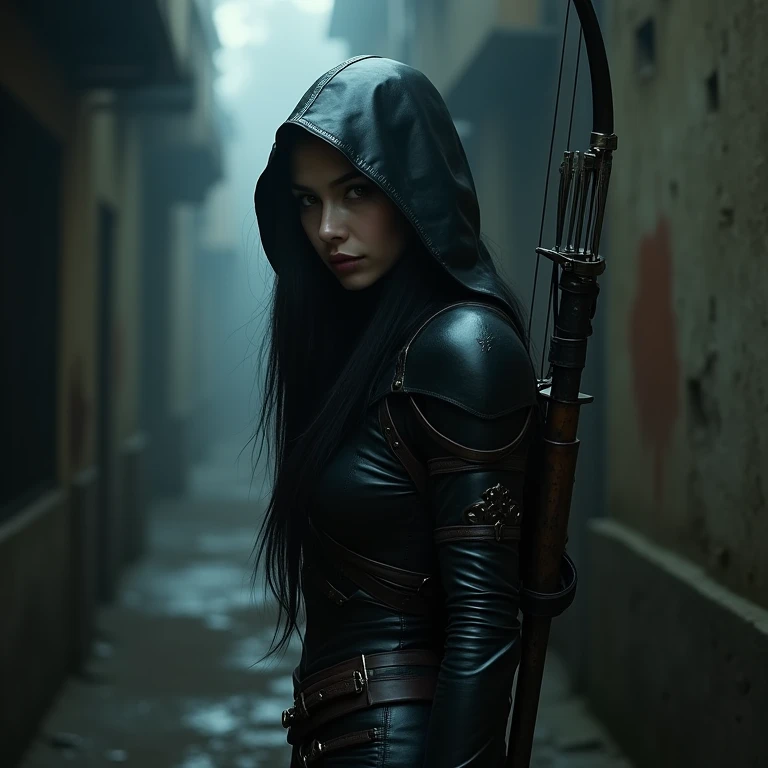 “In a dark, misty alley, a supernatural assassin stands partially shrouded in shadows, exuding an aura of mystery and danger. She wears a sleek, form-fitting leather armor that highlights her flawless curves while offering mobility and protection. A black ...