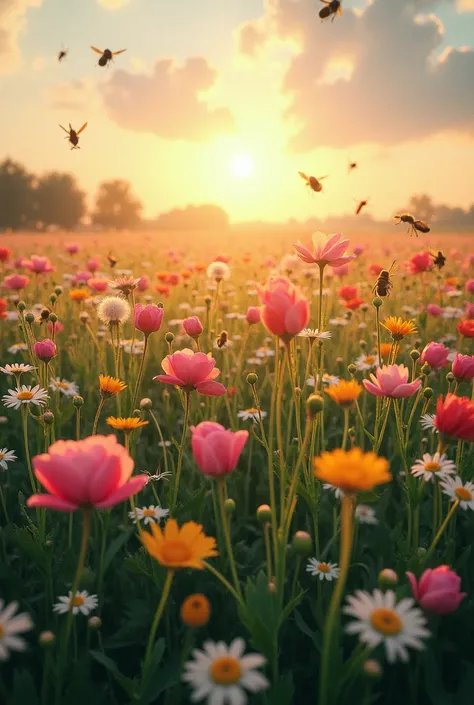 An infinite field of flowers of various colors: pink, green, red, blue, roses, milk glasses, daisies, in the distant sunrise, bees fly, pollinating the flowers, dandelions flying in the wind breeze, locusts and cicadas, all in a beautiful ammonia. 