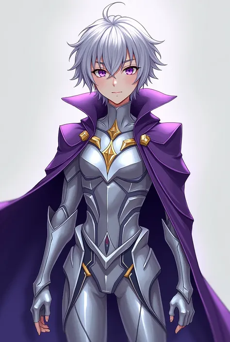 a amime boy who had short silvery-like hair with shining diamond-like platinum armor with small golden detail, and a purple cape