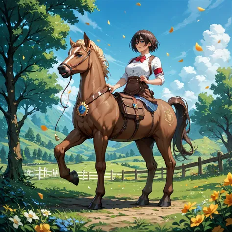 (( top quality )), ((masterpiece)), ( Details), （ perfect face）、 The naked centaur woman is Mikasa Ackerman with long centaur hair、Centaur Mikasa Ackerman is in the prairie 