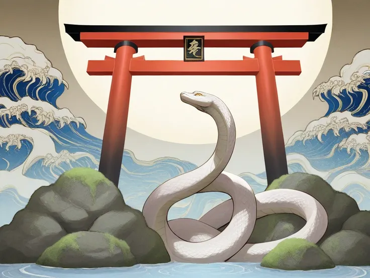 A majestic white snake coiled on a large, moss-covered rock, its shimmering pearlescent scales glowing softly in the moonlight. The snake’s golden eyes exude a powerful, divine presence, and its body forms dynamic, elegant curves. In the background, a vivi...