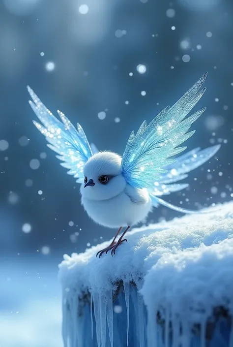 It leaves traces of sparkling particles like ice. Its a small bird with crystal-like wings in an ice blue hue.  when it hits your wings , When you hit  ,  magic snow  .  、 its on a snowy cliff with glowing ice 々 its on a snowy cliff  .Front shot,  super re...